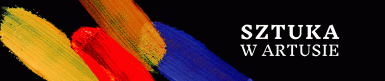 Grafika ma kształt prostokąta. Na czarnym tle po prawej stronie znajduje się napis Sztuka w Artusie. Po lewej stronie widać cztery ślady wyglądające jak pociągnięcia farby pędzlem, w kolorach żółtym, czerwonym, pomarańczowym i niebieskim.