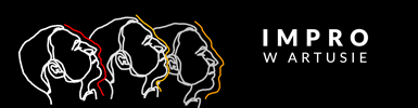 Grafika jest prostokątna. Po prawej stronie na czarnym tle widoczny jest napis Impro w Artusie. Po lewej widzimy trzy białe obrysy głów wzniesionych lekko w górę. Na ich twarze nachodzą linie w kolorze żółtym, pomarańczowym oraz czerwonym.