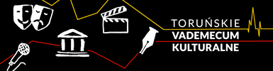Grafika jest w kształcie prostokąta. Na czarnym tle po prawej stronie widoczny jest napis Toruńskie Vademecum Kulturalne. Po lewej znajdują się elementy graficzne: stalówka, klaps filmowy, budynek, mikrofon oraz dwie maski. Przez grafikę przechodzą dwie łamane linie w kolorze czerwonym oraz żółtym.